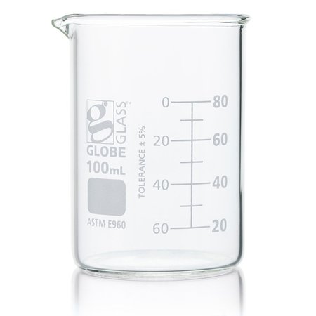 GLOBE SCIENTIFIC Beaker, Globe Glass, 100mL, Low Form Griffin Style, Dual Graduations, ASTM E960, 12/Box, 12PK 8010100